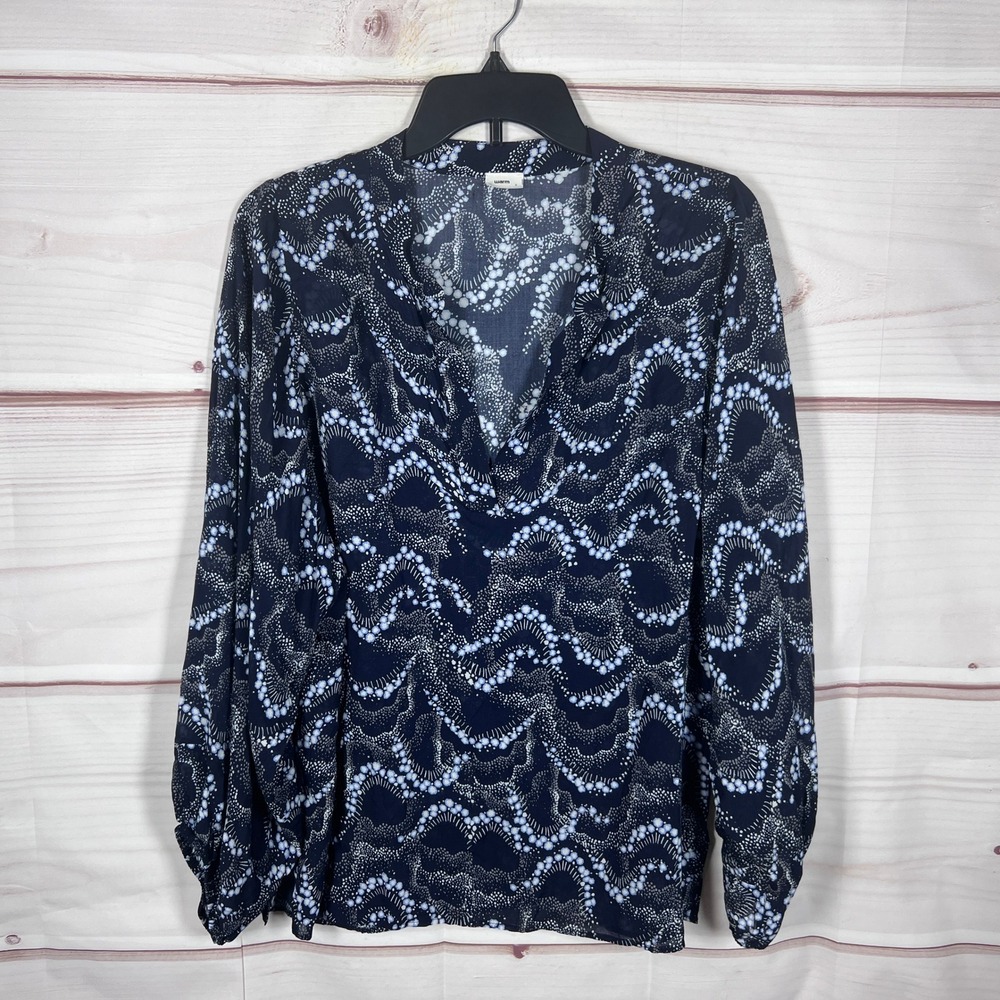 Warm Blouse Womens 2 US M Navy Blue Abstract Print Balloon Sleeve V-Neck Viscose